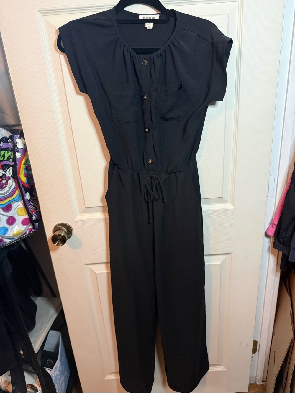Monteau Black Button-Front Jumpsuit Drawstring Waist Woman’s Size XS